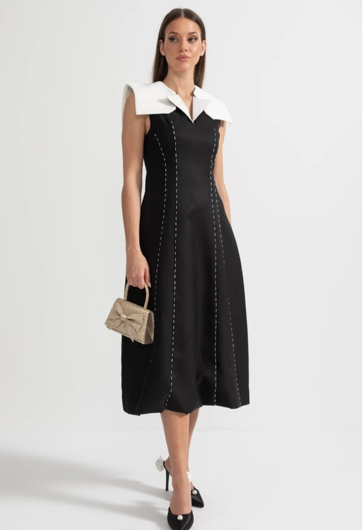 Contrasting Stitch Sleeveless Midi Dress With Oversized White Shoulders - Black