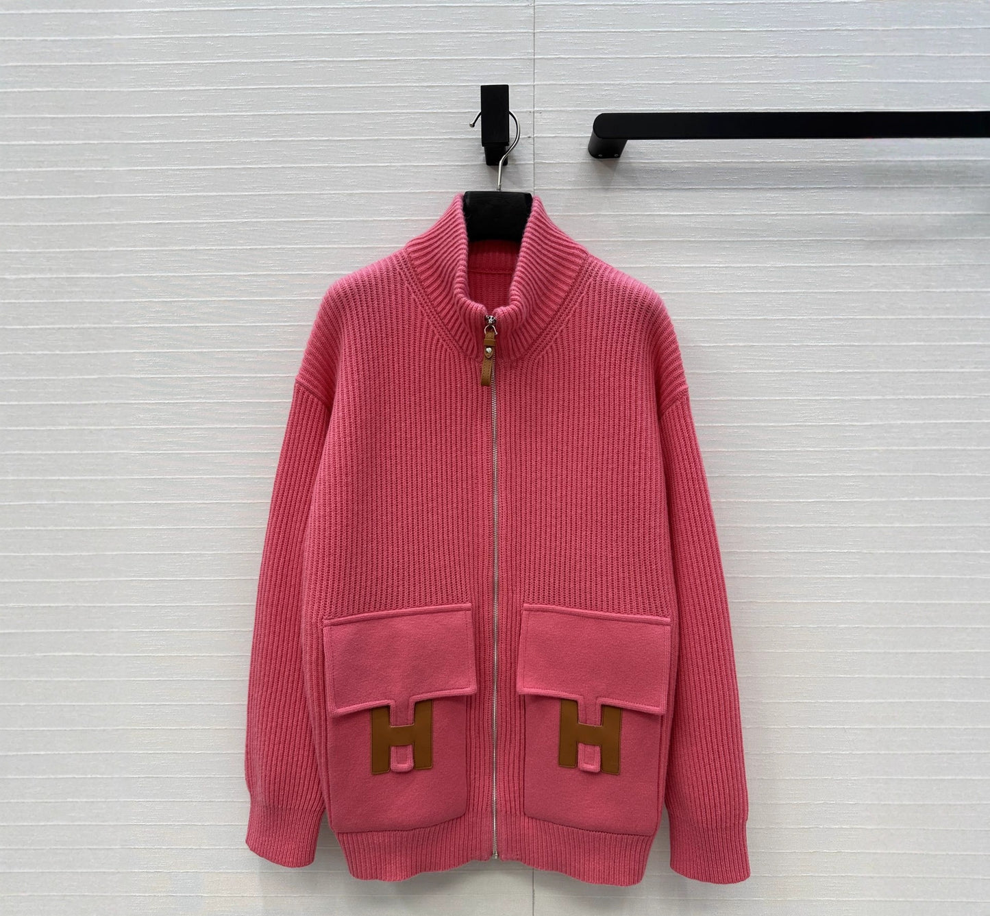 Zipper Contrast High Collar Cashmere Knit jacket