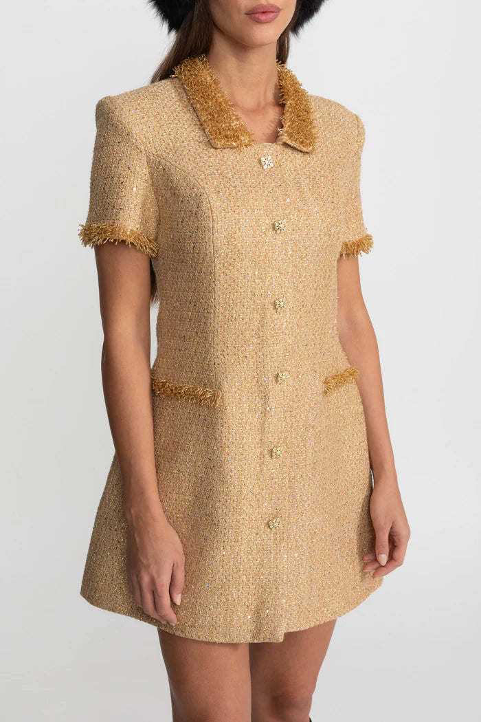 Short Sleeve Tweed Mini Dress With Metallic Fringe Trim – Gold