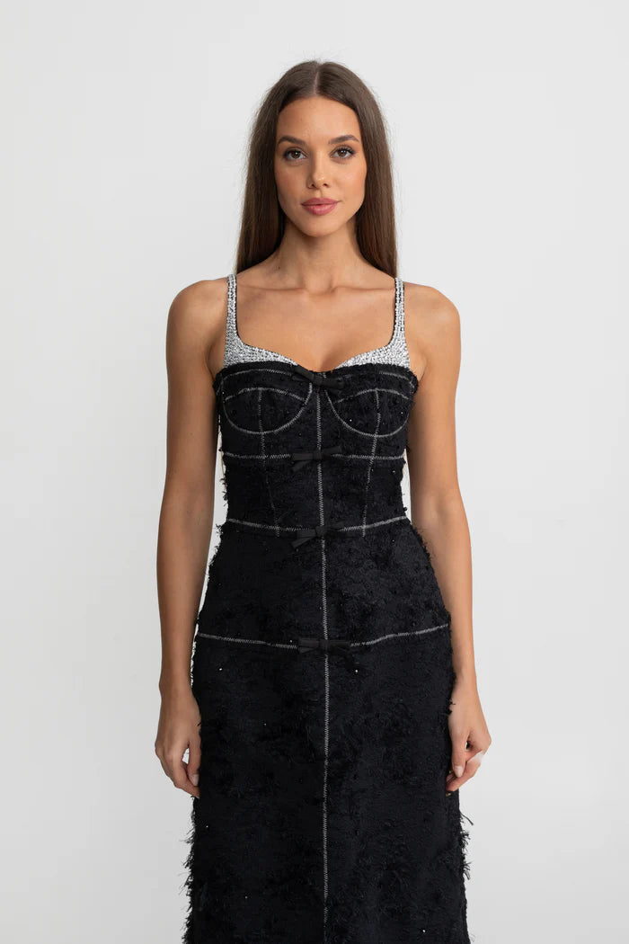 Textured Tweed Midi Dress With Contrast Straps and Bow Detailing – Black