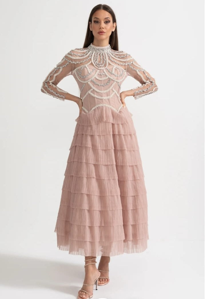 Elegant Long Sleeved Dress With Layered Ruffled Skirt And Intricate Sparkling Embellishments - Pink