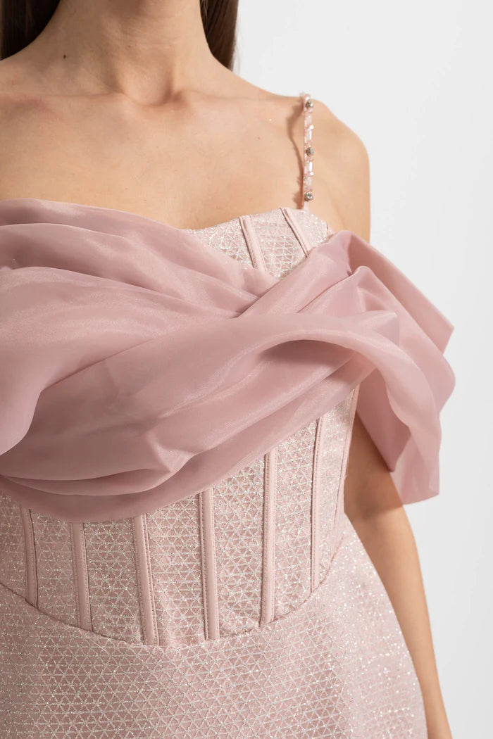 Mini Textured Dress With Fitted Bodice, Patterned Fabric And Sheer Draped Overlay - Pink