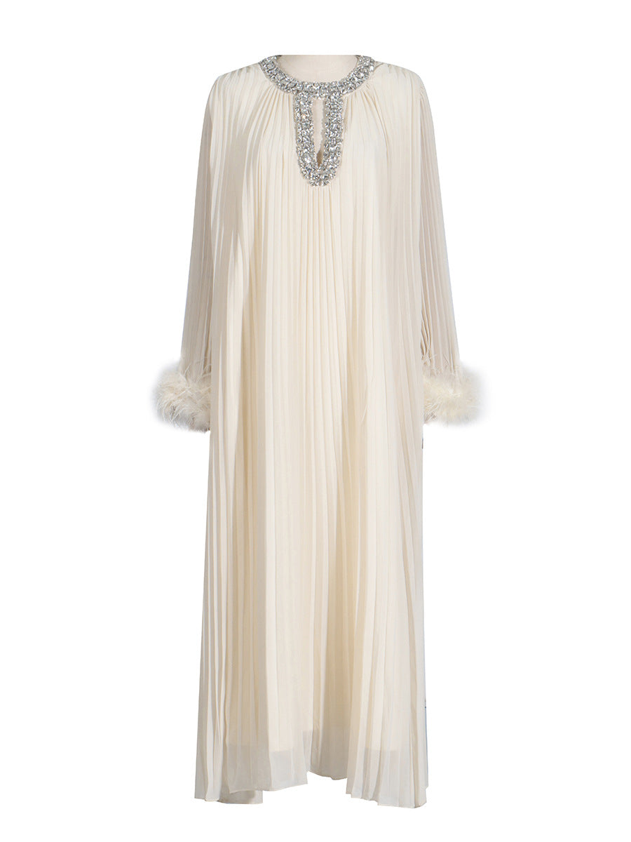 Ostrich Feather Patchwork Solid Color Dress