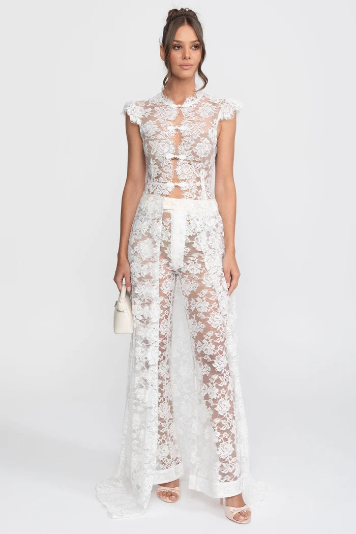 Sheer Lace Top And Palazzo Pants Set With Trailing Panel - White
