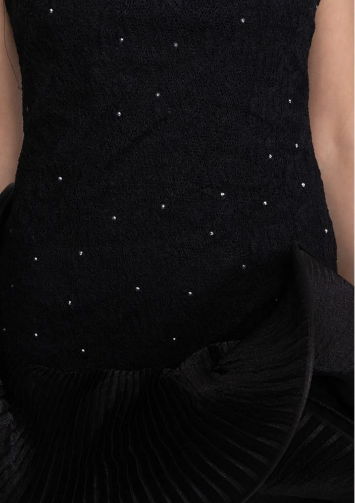 Babydoll Mini Dress With Sparkling Embellishments And Ruffled Peplum Skirt - Black