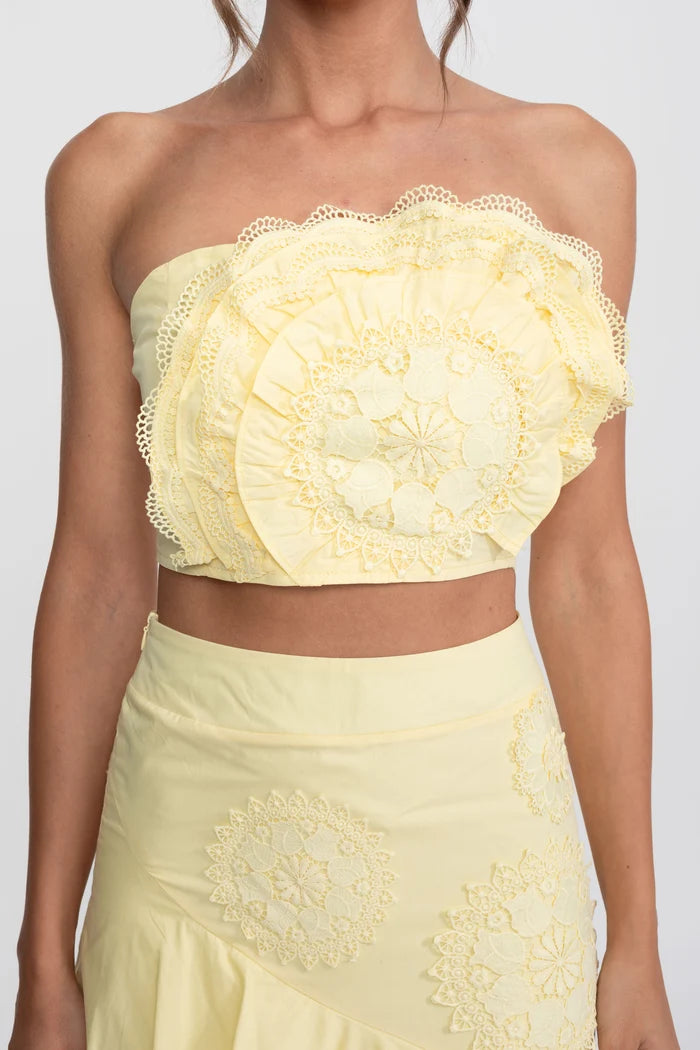Crochet Medallion Two-Piece Set With Ruffled Maxi Skirt - Yellow