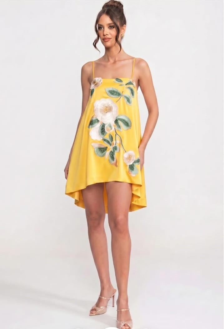 Spaghetti-Strap Mini Dress With 3D Floral Appliqué And A-Line Skirt - Yellow