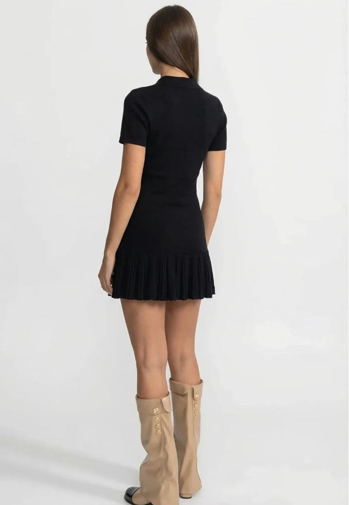 Short Sleeve Polo Mini Dress With Pleated Ruffle Hem - Black