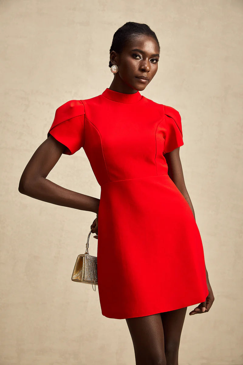 Anna Red Petal-Sheeve Cut-Out Bow Bow Robe