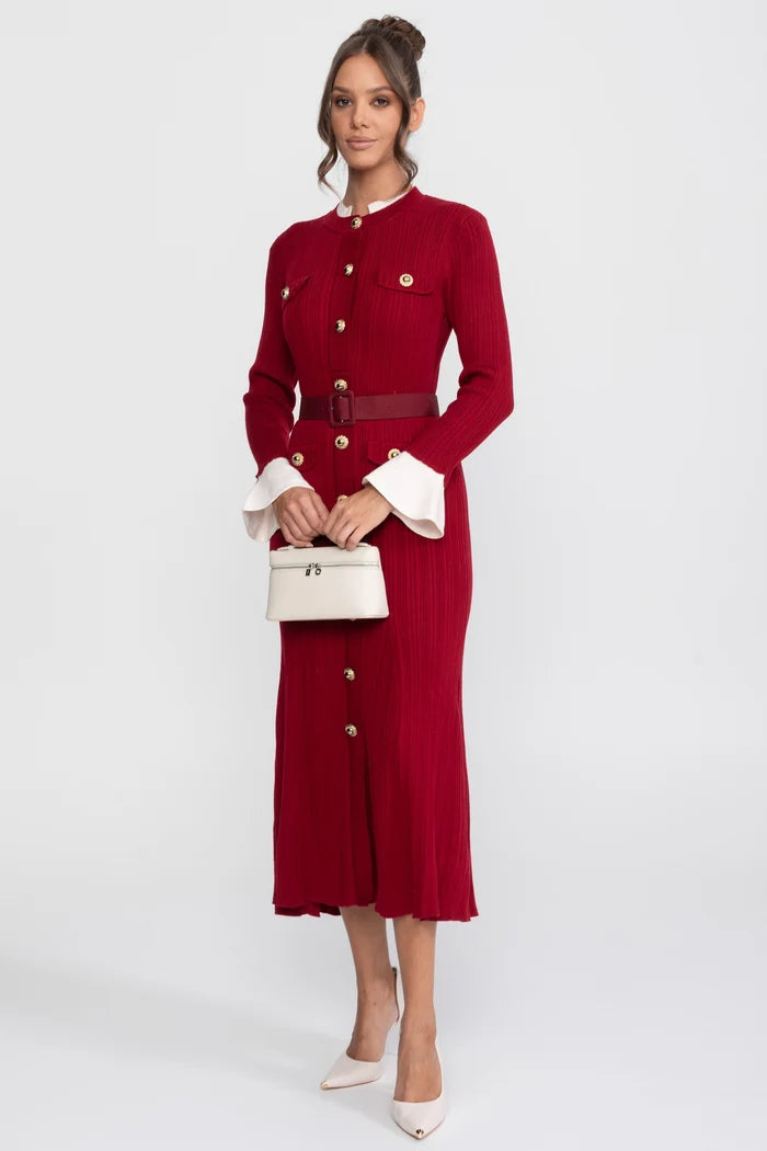 Ribbed Knit Belted Midi Dress With White Cuffs And Collar - Red