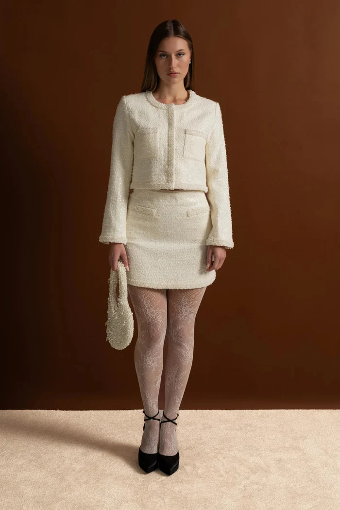 Tweed Blazer With Beaded Trim - Ivoire