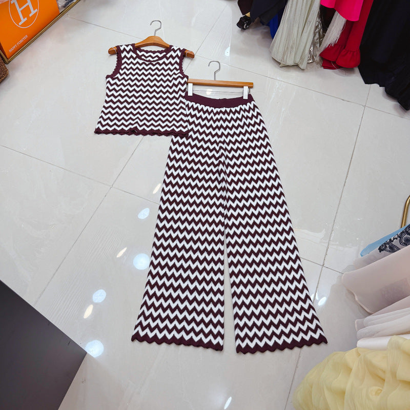 Hollow-Out Sleeveless Knitted Vest Top + High-Waisted Long Pants Set