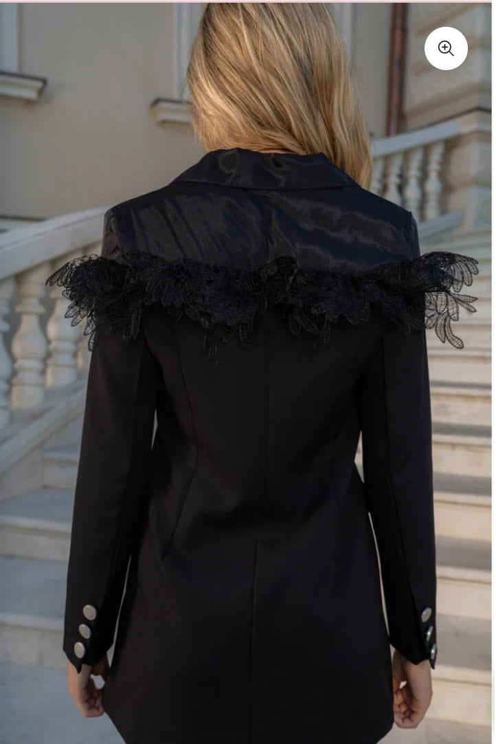 Contrast Blazer with Lace Detailing - Black