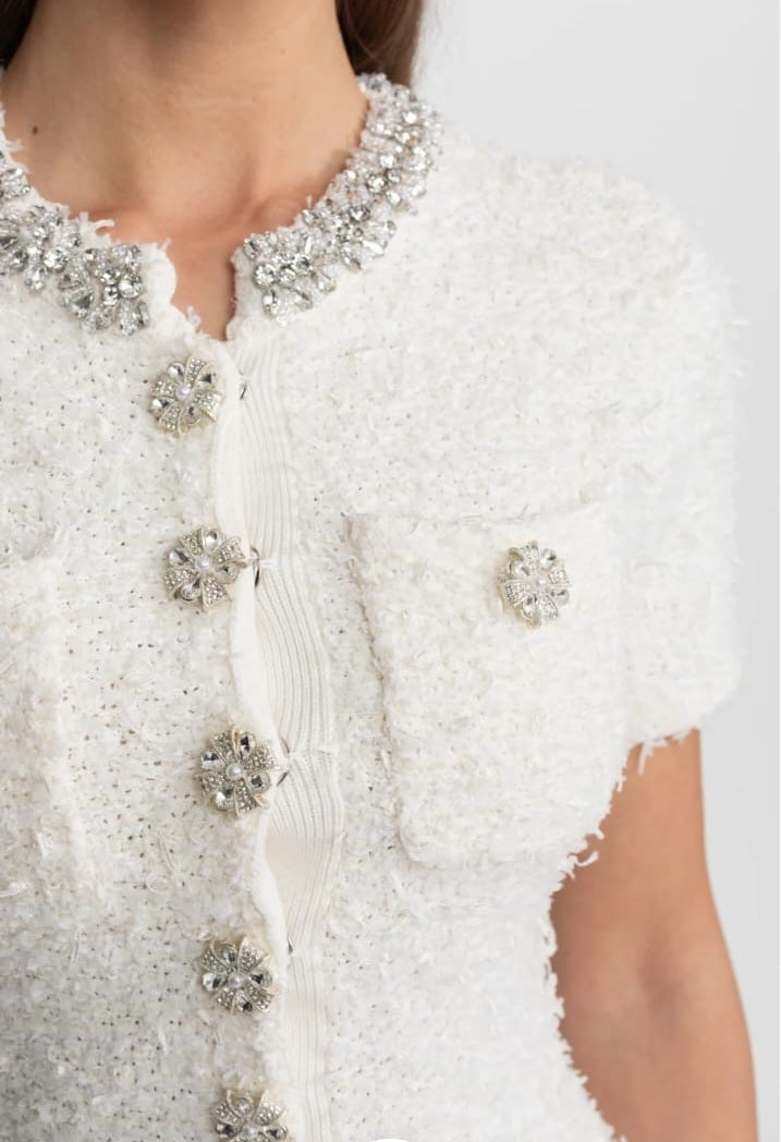 Embellished Tweed Mini Dress with Crystal Button Details – White