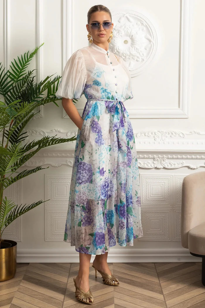 Sheer Silk Midi Shirt Dress with Botanical Motif and Tie Belt - White/Blue