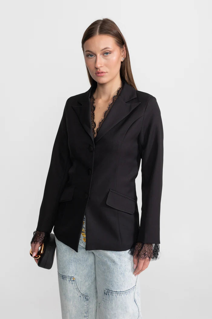 Tailored Lace-Trim Blazer With Tonal Button Closure – Black