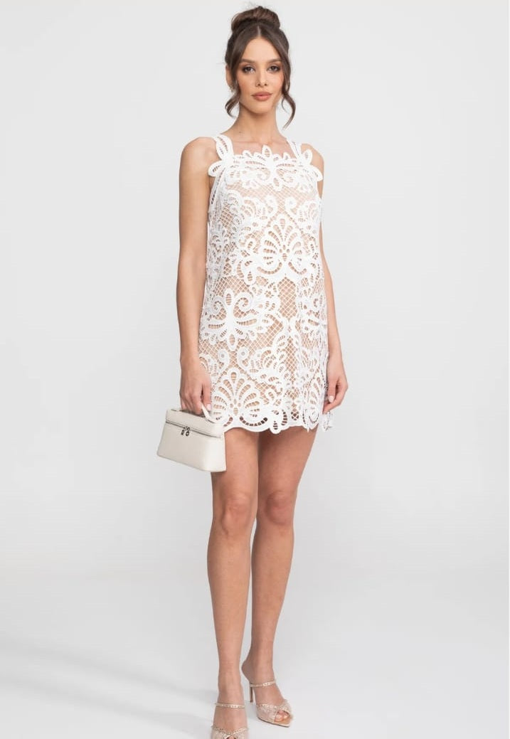 Guipure Lace Sleeveless Mini Dress With Scallop Hem - White