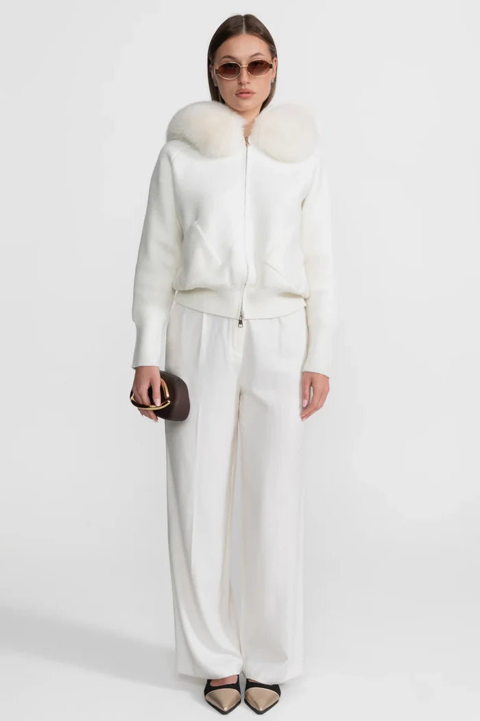Zip-Up Wool Hoodie With Fox Fur Collar – White