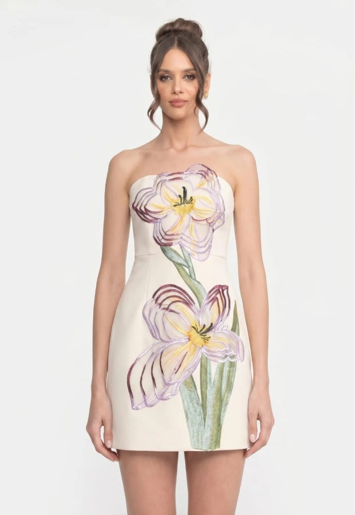 Strapless Mini Dress With 3D Iris Floral Appliqué - White