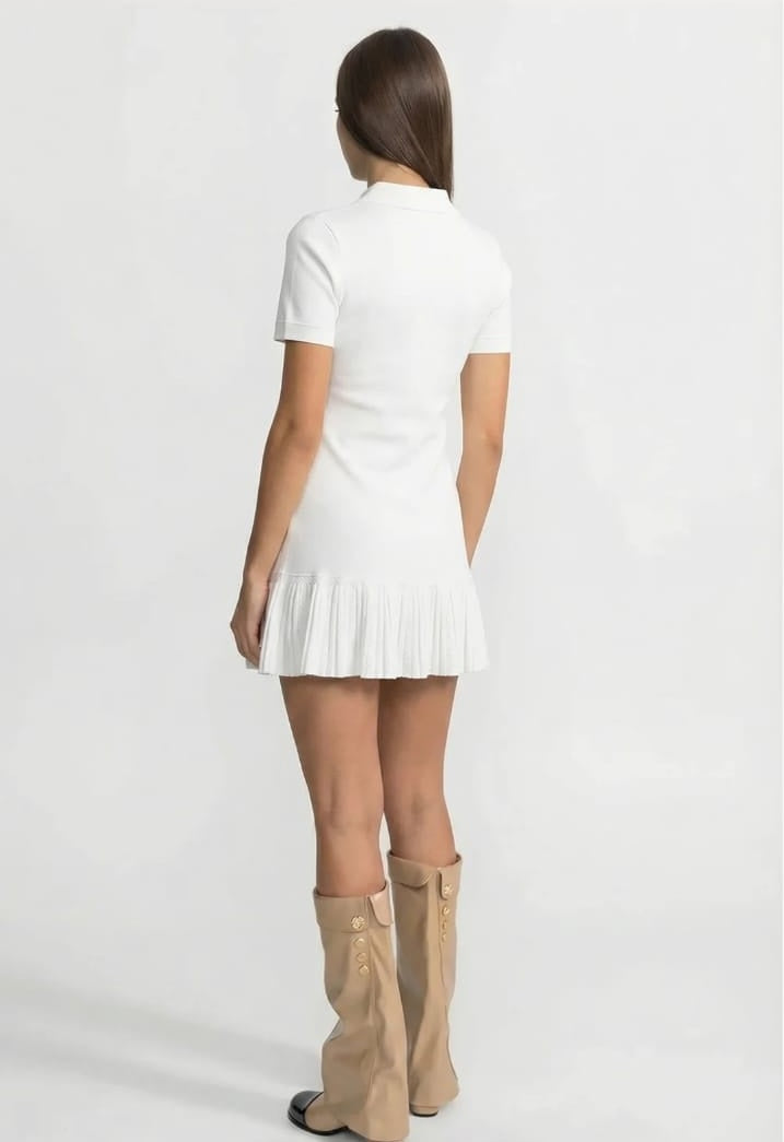 Short Sleeve Polo Mini Dress With Pleated Ruffle Hem - White