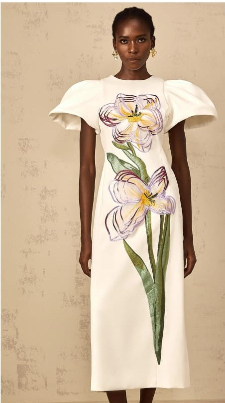 Irène White Sequin Floral Embroidered Midi Dress