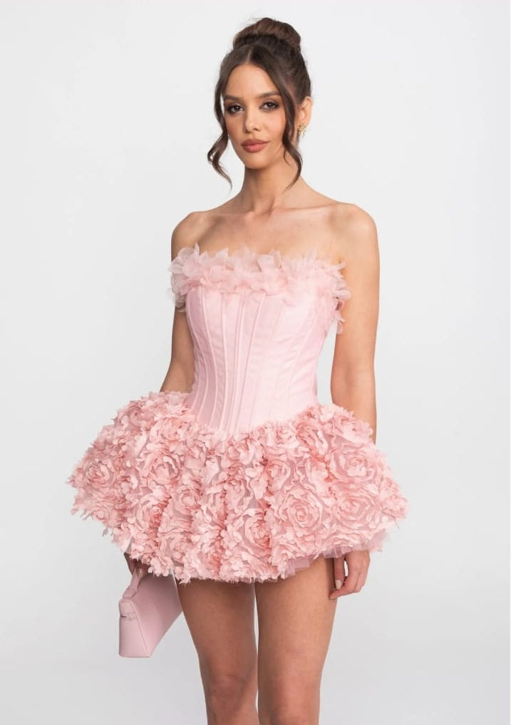 Strapless Corset Mini Dress With 3D Rose Appliqué Skirt - Pink