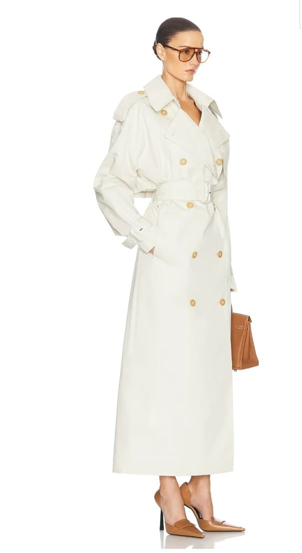 Bruyère White Double-Breasted Long Trench Coat