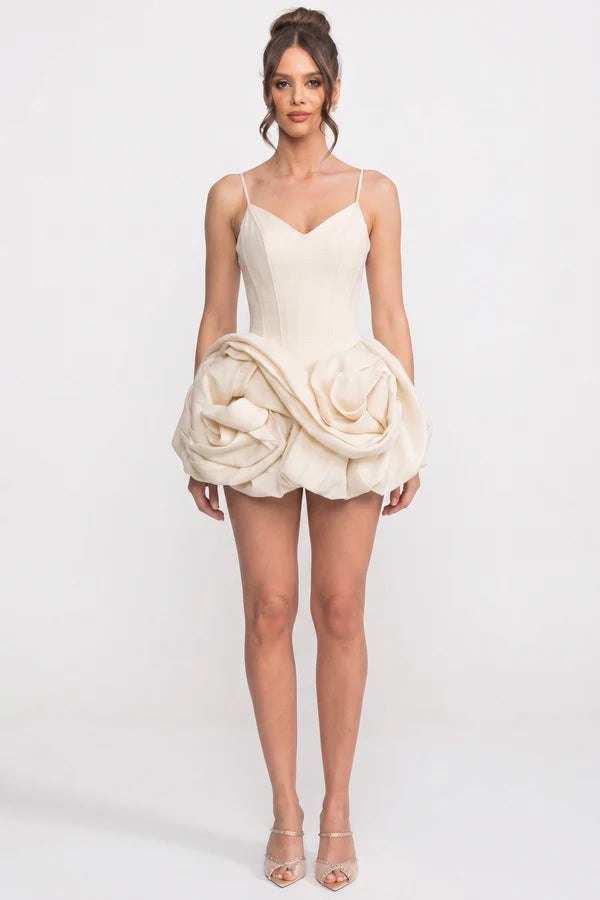 Spaghetti-Strap Velvet Mini Dress With 3D Rose Skirt - Ivoire