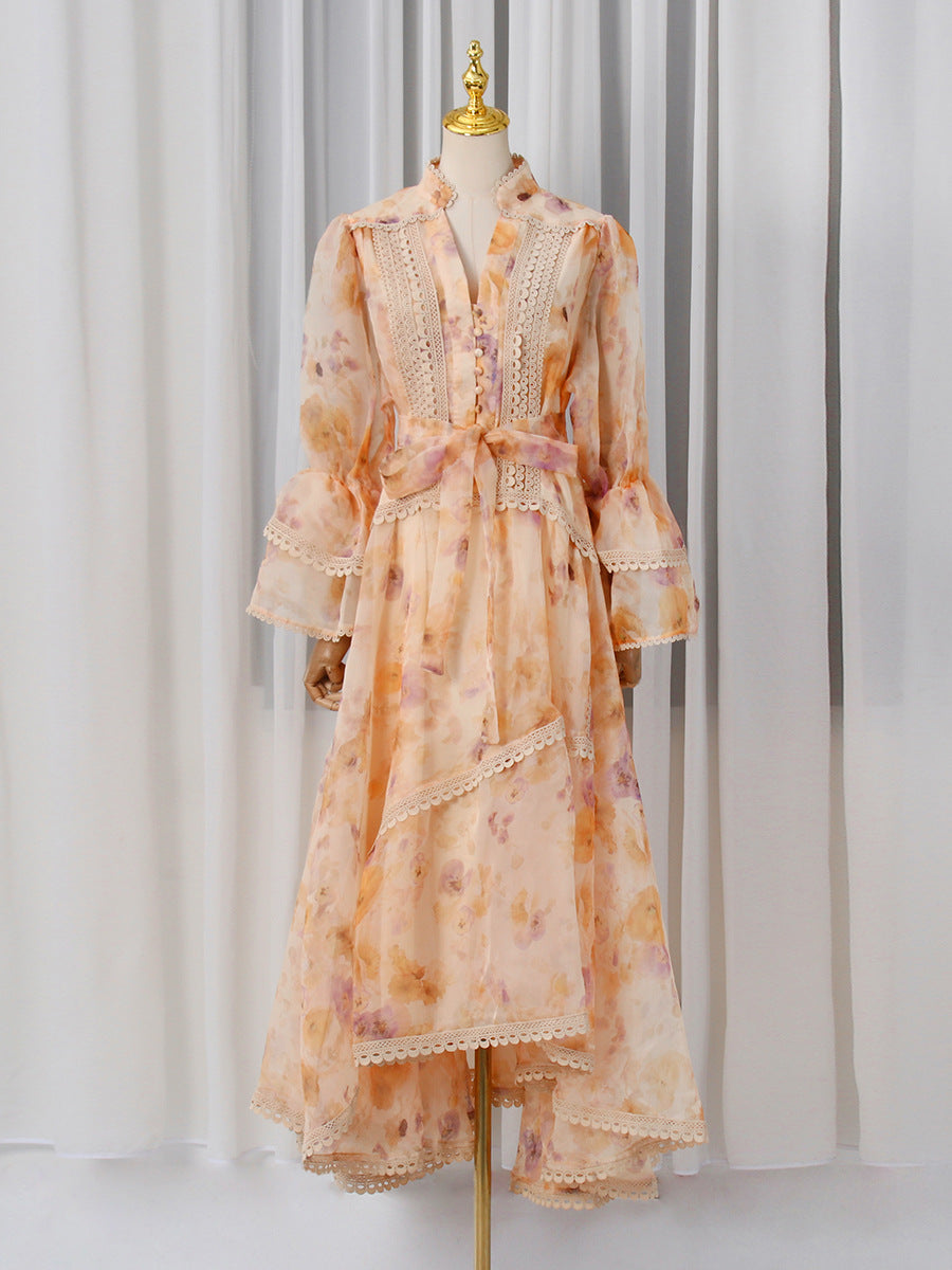 Waist-Slimming Printed Long-Sleeve Dress