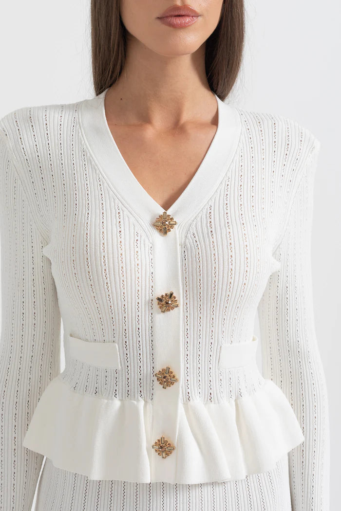 Long Sleeve Knitted Dress With Gold Buttons And Peplum Waist - White