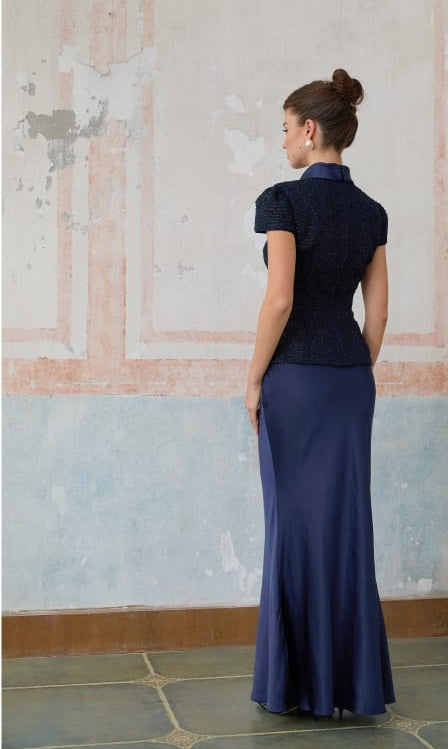 Josette blue peplum-waist panelled maxi dress