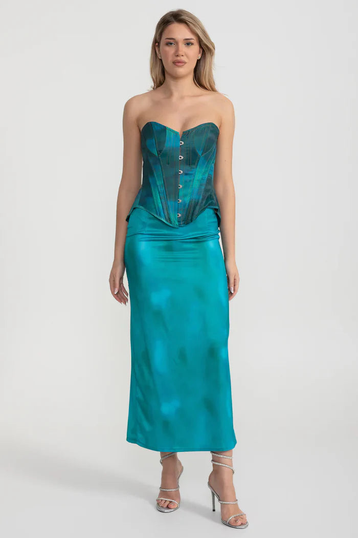 Elegant Satin Set With Corset-Style Bodice And Midi Skirt - Teal
