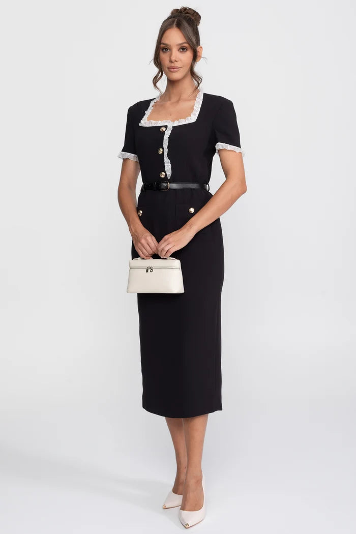 Square Neck Belted Midi Dress With White Ruffle Trim - Black