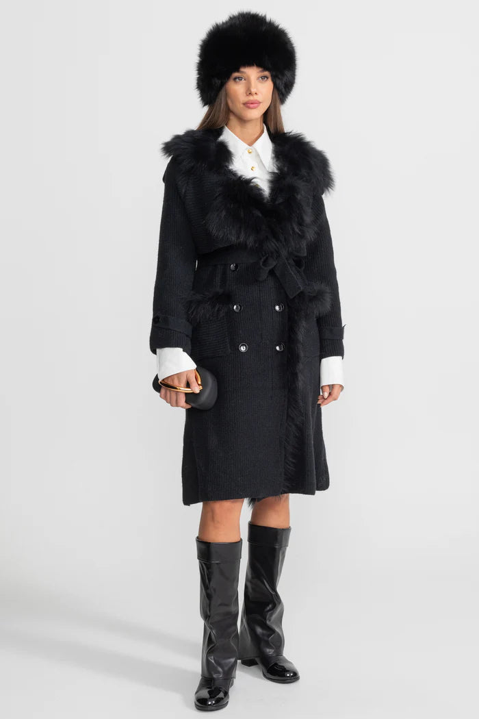Double-Breasted Wool Knit Overcoat With Fur Trim – Black