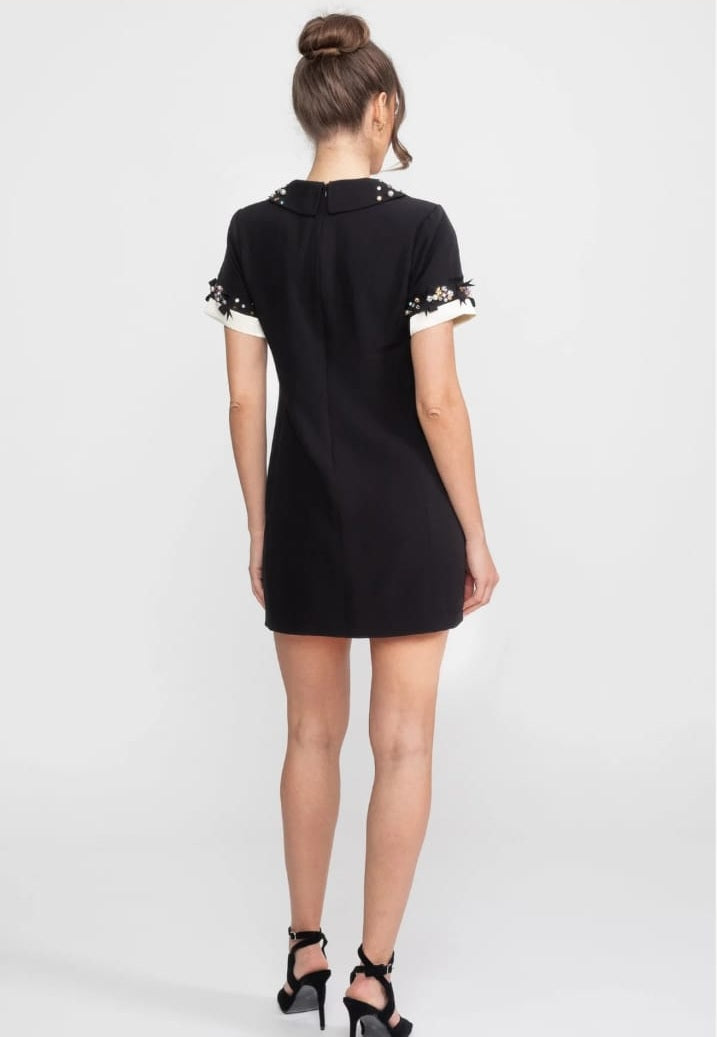 Mini Dress With Crystal-Embellished Peter Pan Collar And Jewel Cuffs - Black