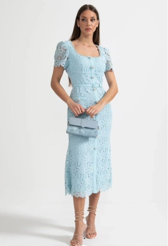 Delicate Azure Lace Midi Dress - Baby Blue