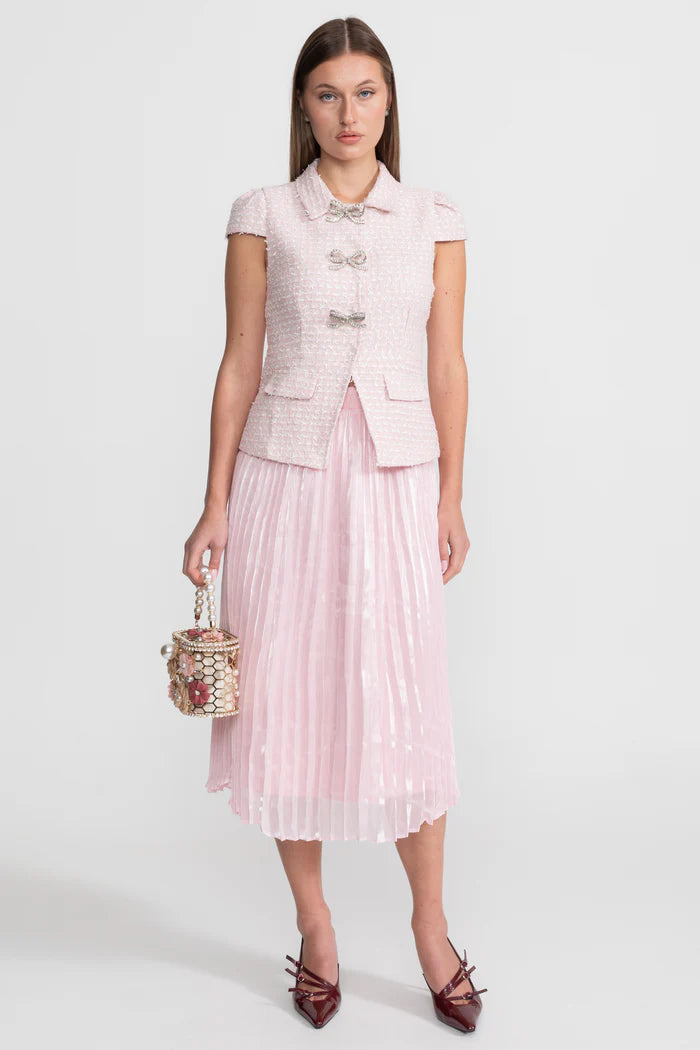 Tweed and Organza Co-ord Set with Crystal Bow Buttons - Pink