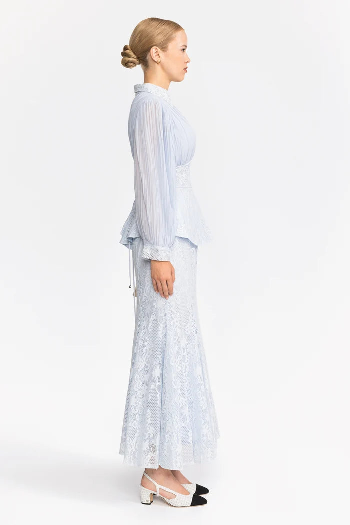 Pleated Chiffon Lace Peplum Blouse and Maxi Skirt Set - Light Blue