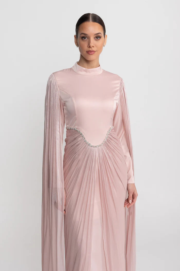 Long Sleeve Maxi Dress With Draped Overlay And Crystal Waist Trim - Blush Pink