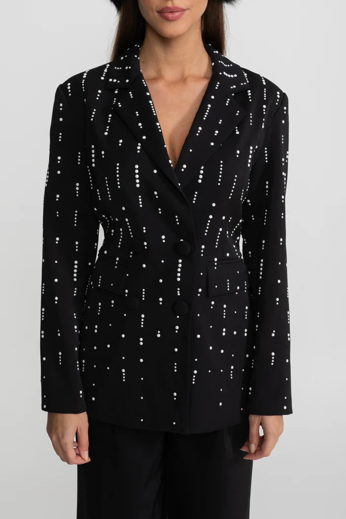 Tailored Blazer With White Bead Embellishments - Black