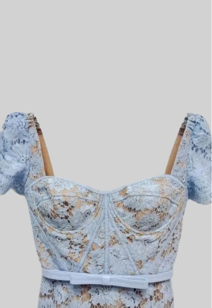 Short Sleeved Lace Dress With Delicate Matching Waist Belt - Blue