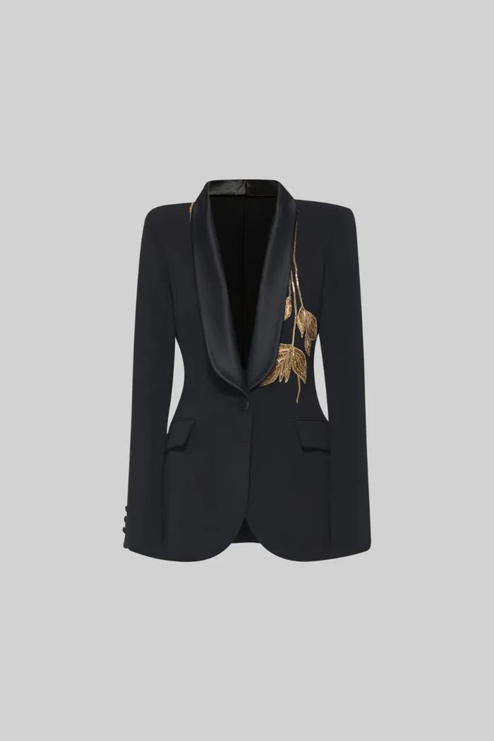 Luxurious Tailored Gilded Leaf Embroidered Blazer & Pants - Black