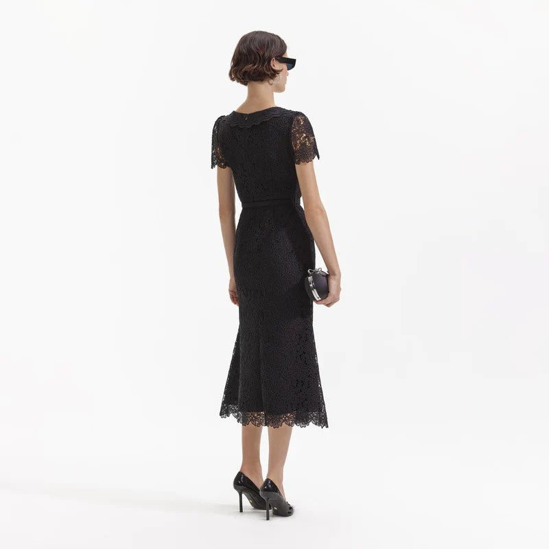 BLACK GUIPURE LACE BUTTON MIDI DRESS