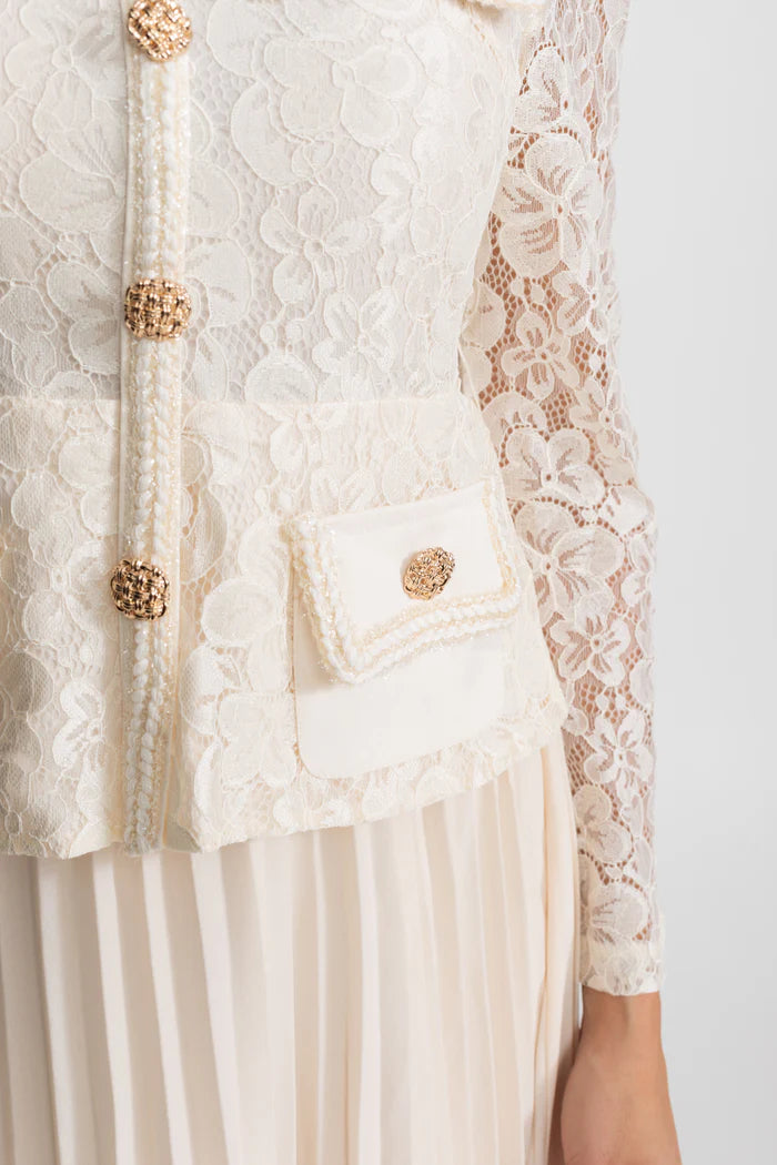 Lace and Pleated Midi Dress with Gold Button Detailing - Ivoire