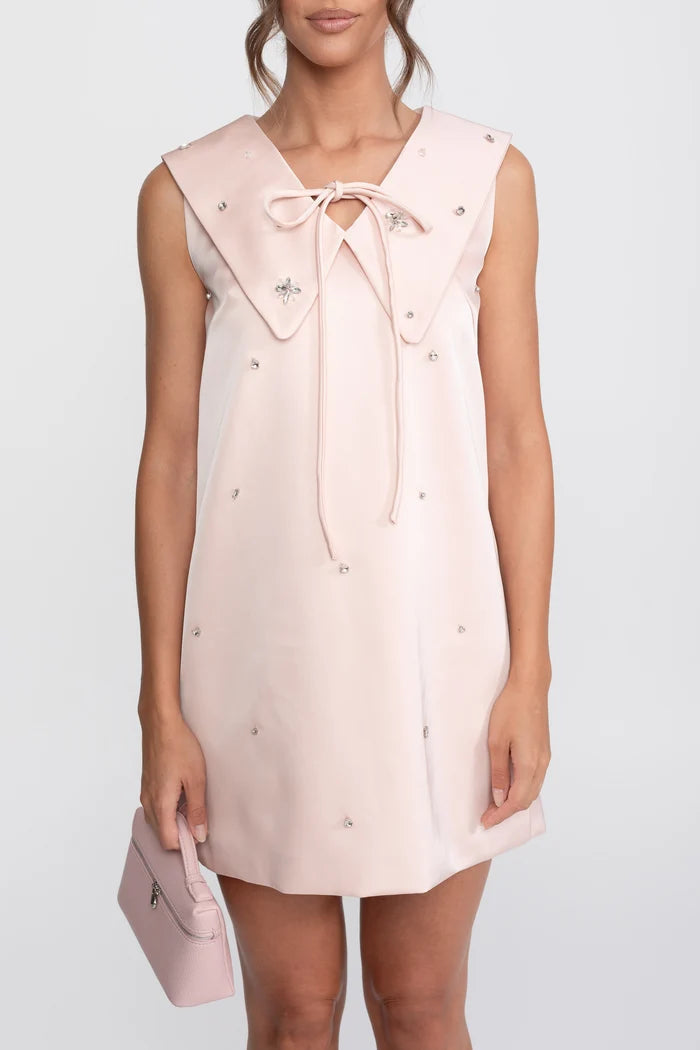 Sailor Collar Satin Mini Dress With Tie Neck - Pink