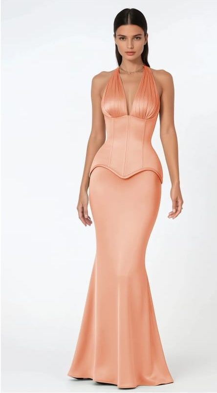 Aurélie Orange Halterneck Mermaid Maxi Dress