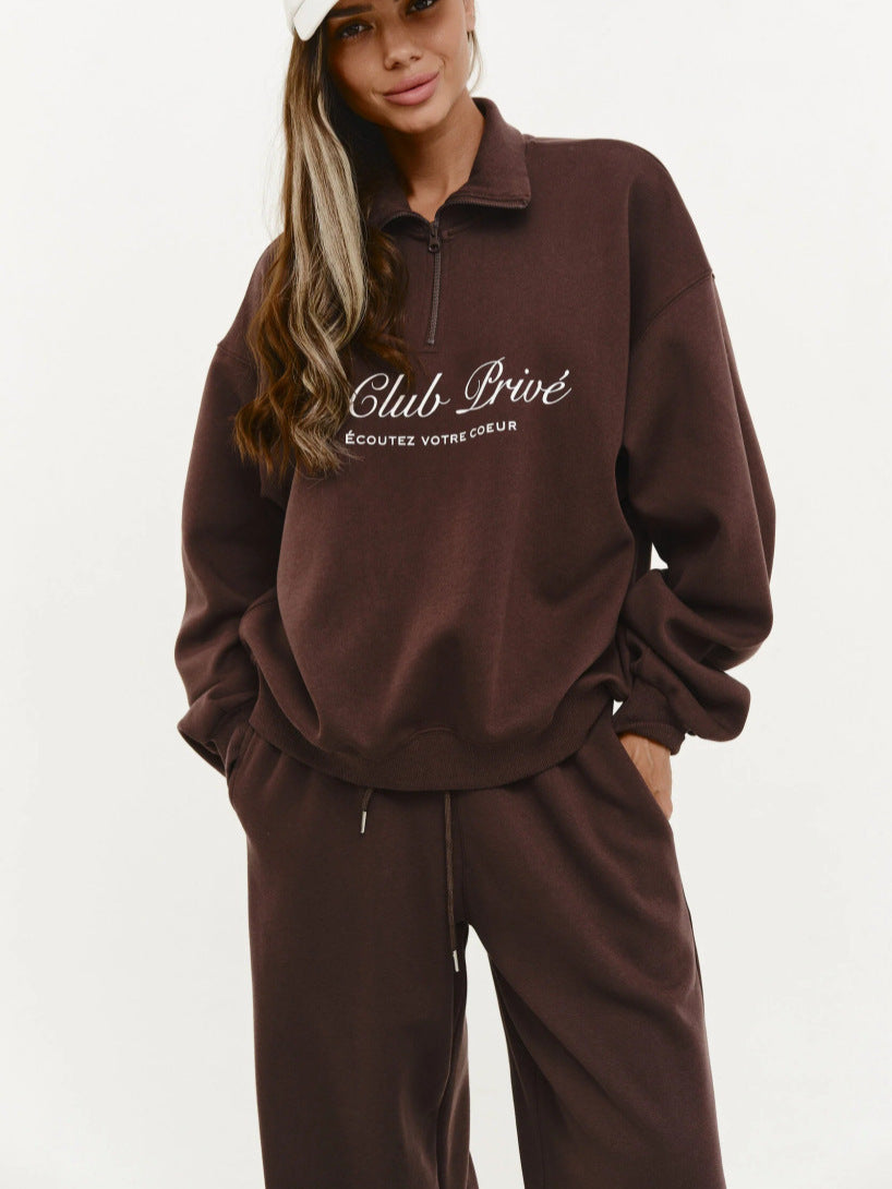 half-zipper lapel loose sweatshirt two-piece set