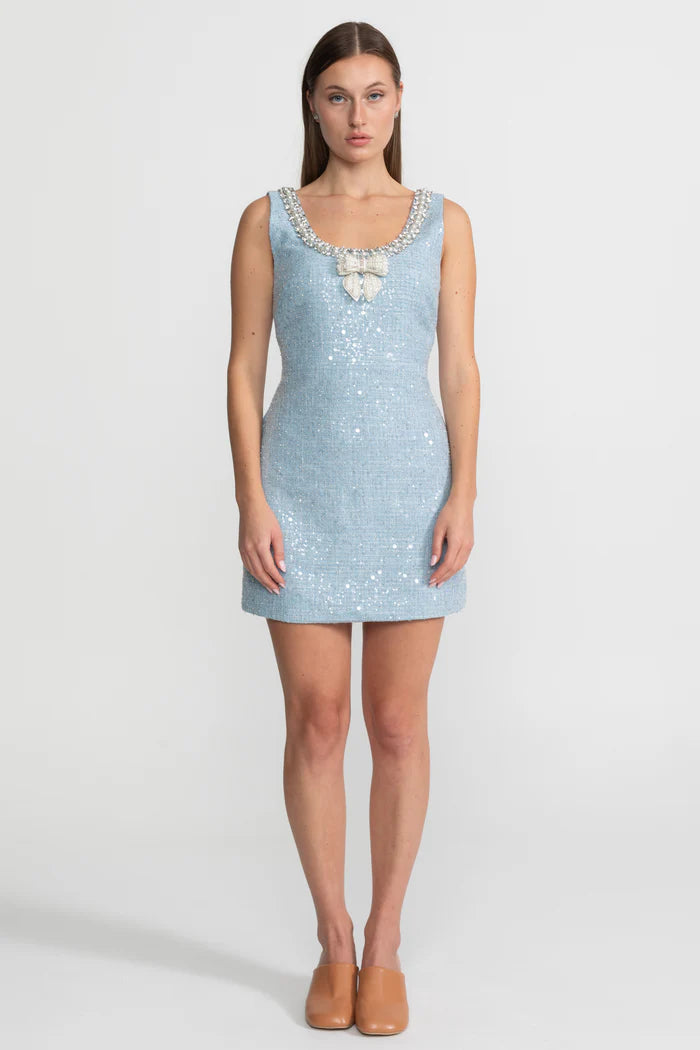 Embellished Tweed Mini Dress With Pearl Bow – Sky Blue
