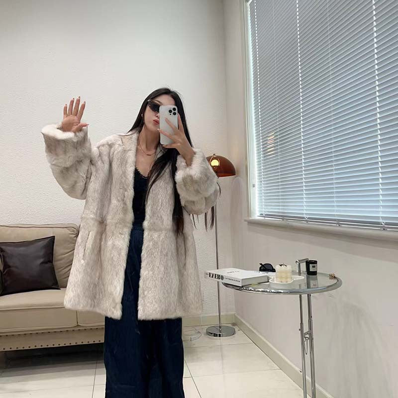 V-neck roll-up sleeve rabbit  mid-length fur coat
