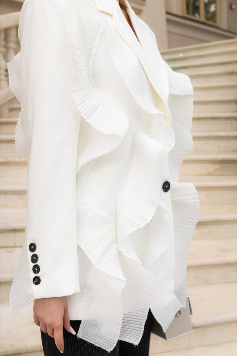 Blazer with Organza Fringes Details - White